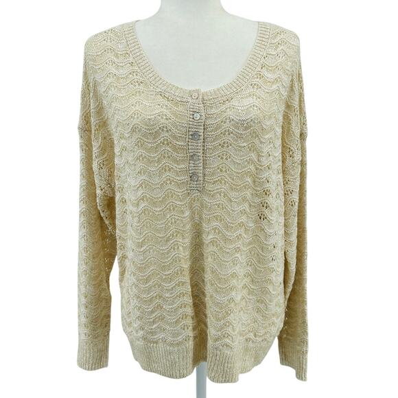 Lauren Conrad Open Knit Sweater XL Cream Henley Pullover Round Neck Long Sleeve - Picture 1 of 8